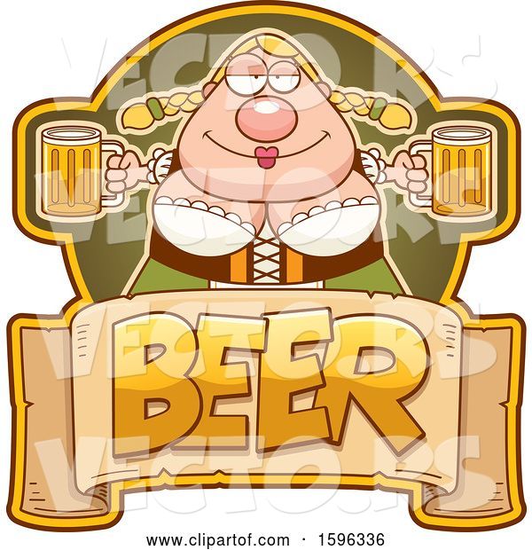 Vector of Cartoon Chubby Oktoberfest Lady Holding Beer Mugs over a Text Banner