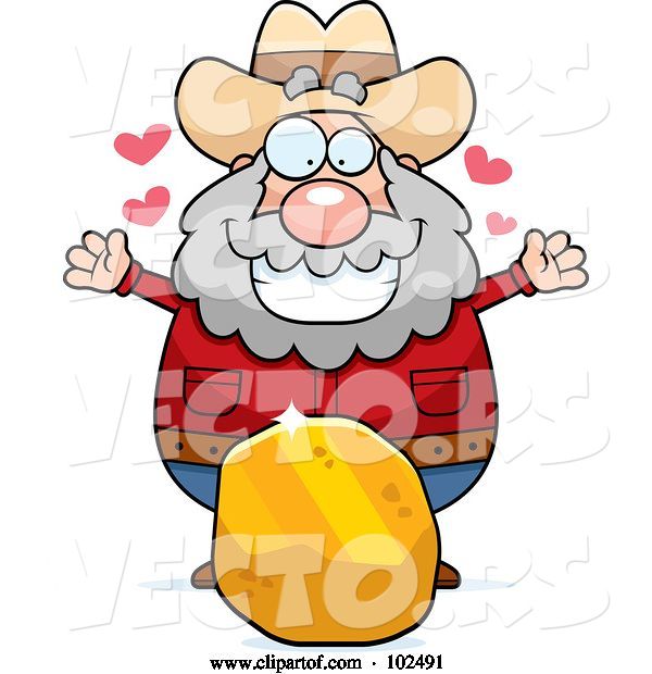 Vector of Cartoon Chubby Prospector with a Large Piece of Gold