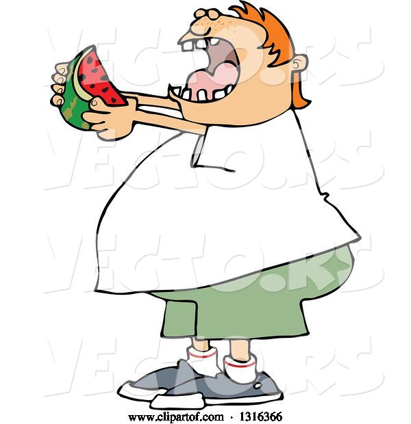 Vector of Cartoon Chubby Red Haired White Boy Ready to Devour a Watermelon