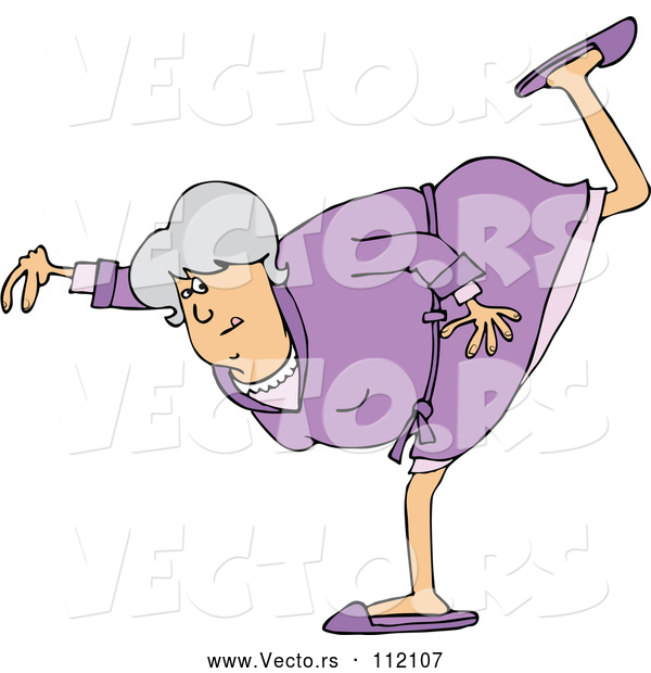 Vector of Cartoon Chubby Senior White Lady in a Purple Robe, Balancing on One Foot