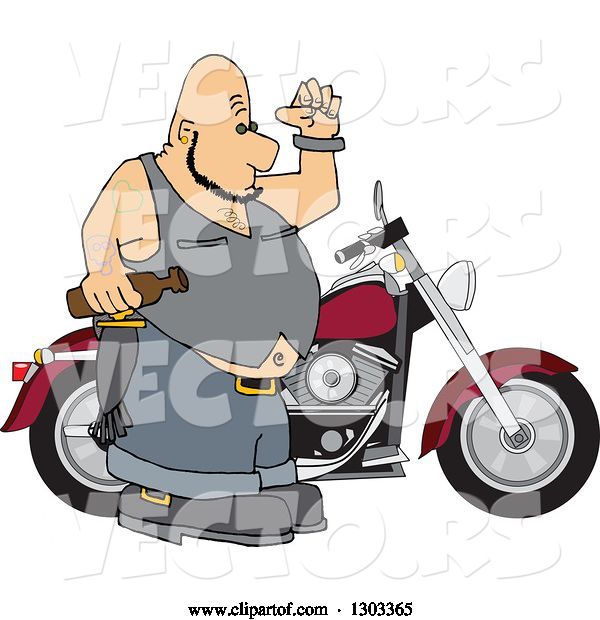 Vector of Cartoon Chubby Tattooed Bald White Male Biker Holding a Beer Bottle by His Motorcycle