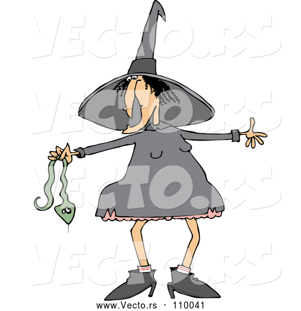 Vector of Cartoon Chubby Warty Halloween Witch Holding a Snake