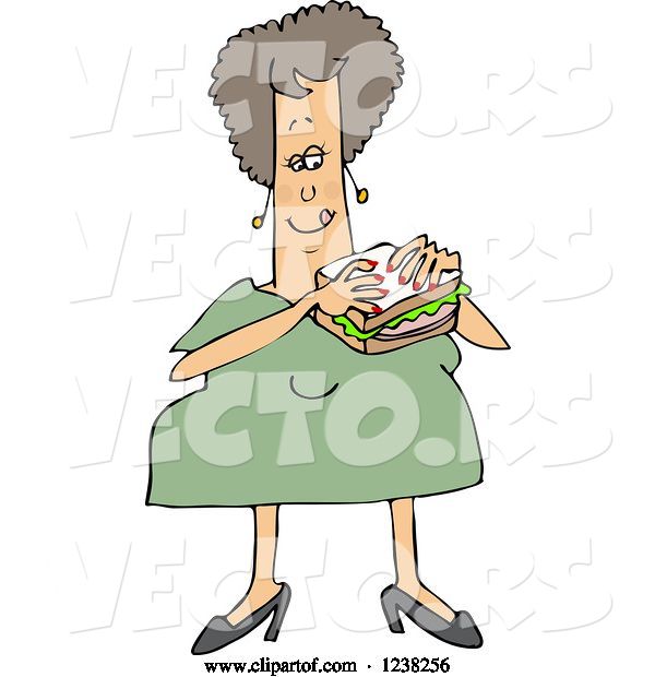 Vector of Cartoon Chubby White Lady Eating a Bologna Sandwich
