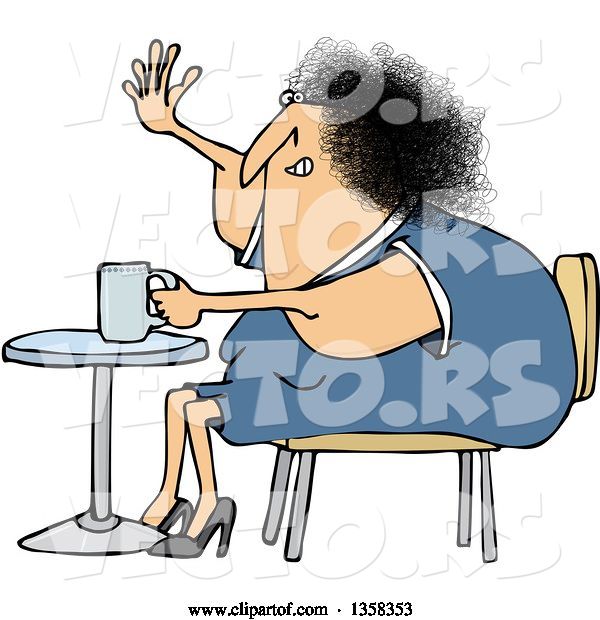 Vector of Cartoon Chubby White Lady Sitting with Coffee at a Table and Waving