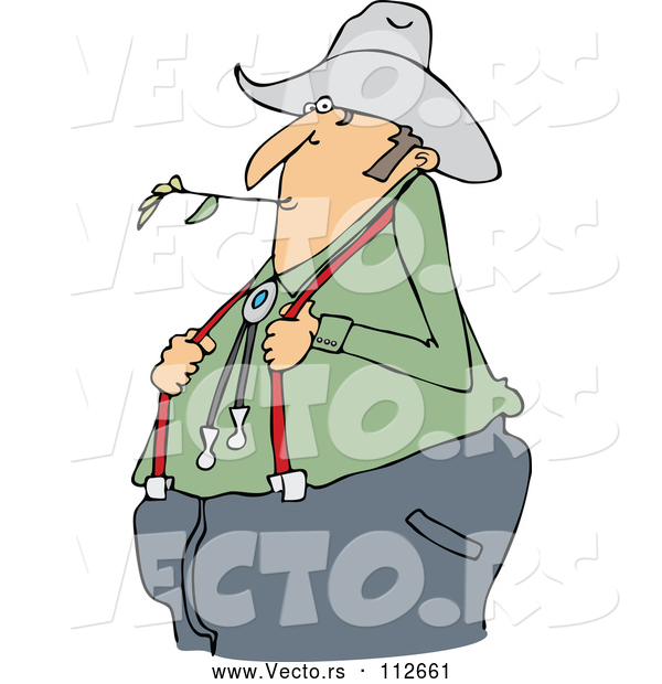 Vector of Cartoon Chubby White Male Farmer Holding His Suspenders and Chewing on Straw
