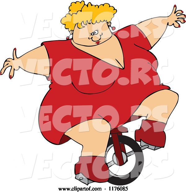 Vector of Cartoon Circus Freak White Fat Lady Riding a Unicycle