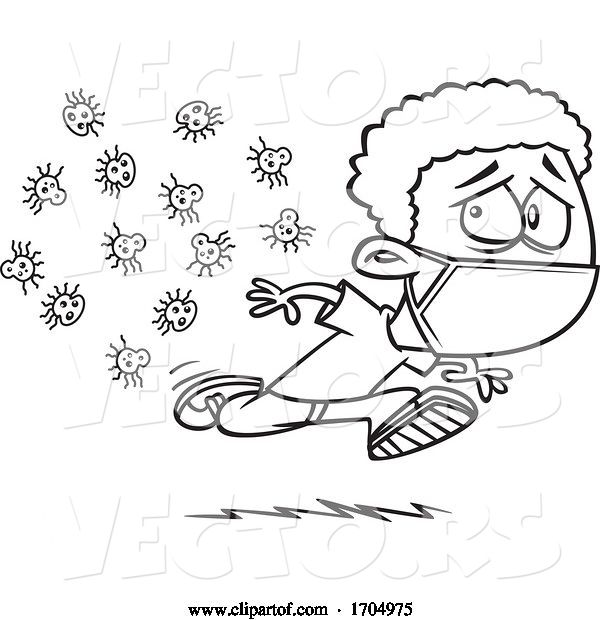 Vector of Cartoon Clipart Black and White Boy Wearing a Mask and Running from Germs