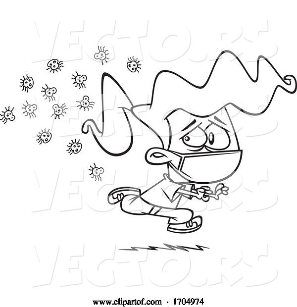 Vector of Cartoon Clipart Black and White Girl Wearing a Face Mask and Running from Germs
