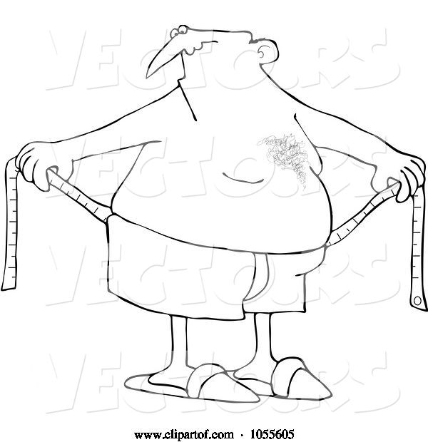 Vector of Cartoon Coloring Page Outline of a Chubby Guy Measuring Around His Waist