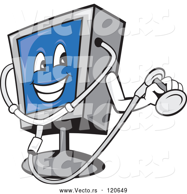 Vector of Cartoon Computer Monitor Mascot Holding a Diagnostics Stethoscope