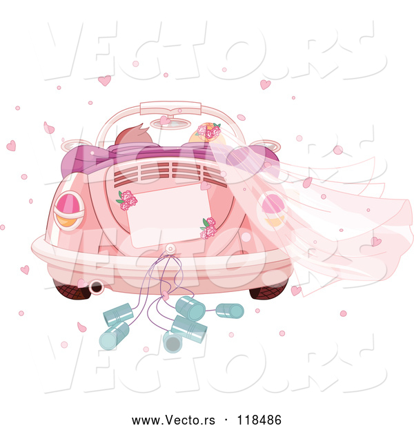 Vector of Cartoon Couple Driving Away in a Pink VW Slug Bug Wedding Car