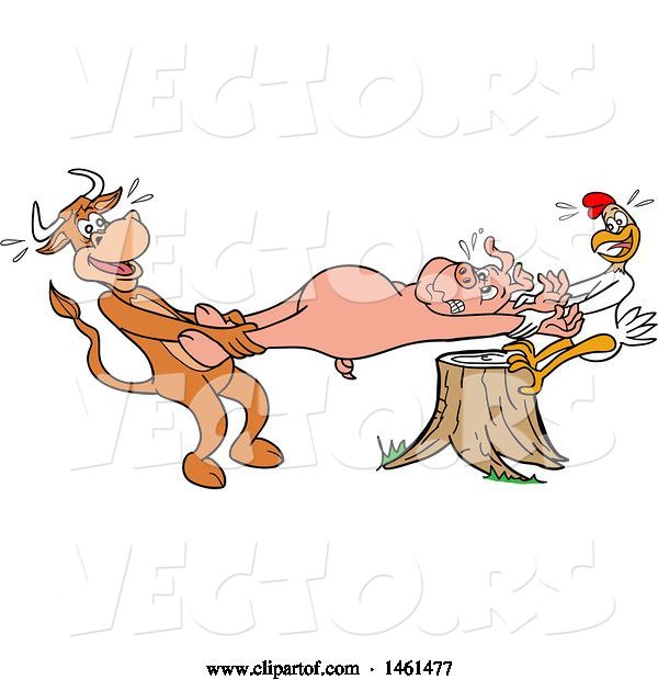 Vector of Cartoon Cow and Chicken Pulling a Pig, Pulled Pork