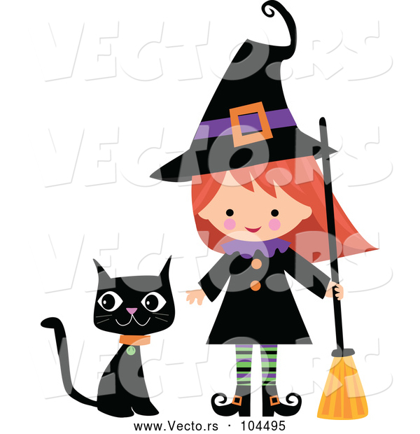 Vector of Cartoon Cute Halloween Witch with a Broom and Black Cat