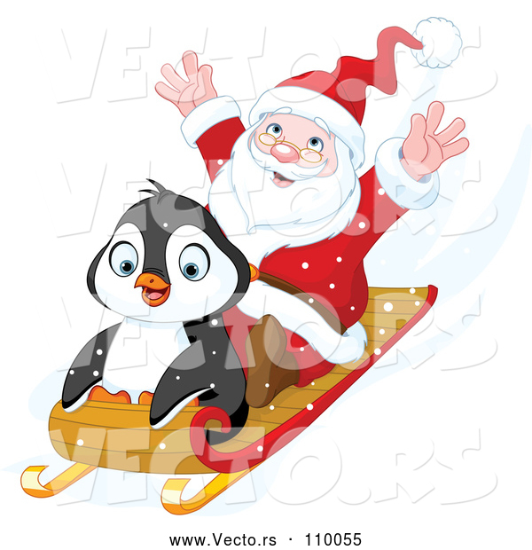 Vector of Cartoon Cute Penguin and Santa Going Downhill on a Sled