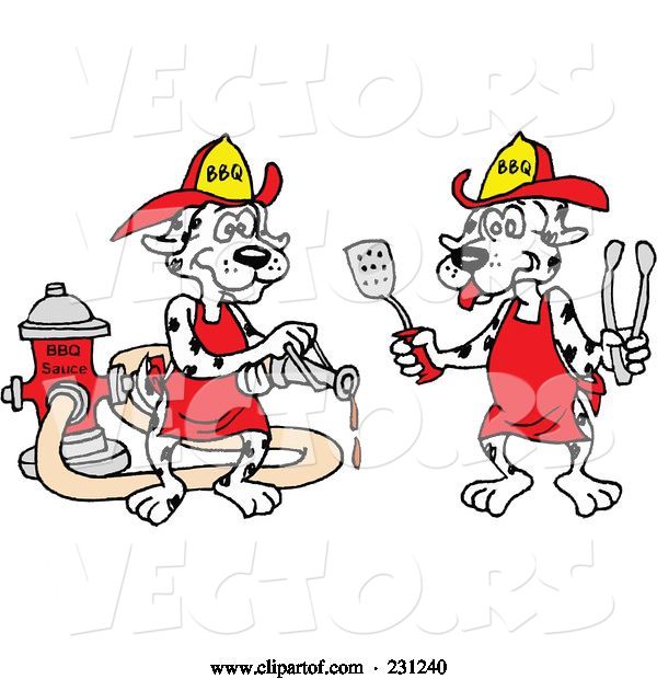 Vector of Cartoon Dalmatian Dog Using a Bbq Sauce Hose and Another Dog Holding Tongs and a Spatula