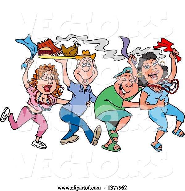 Vector of Cartoon Dancing Line of Mardi Gras People Having a Blast and Carrying Hot Bbq Food