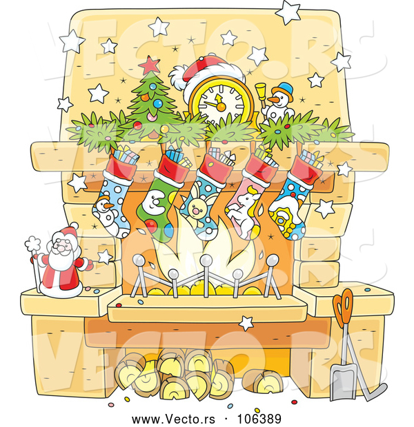 Vector of Cartoon Decorated Christmas Fireplace Hearth