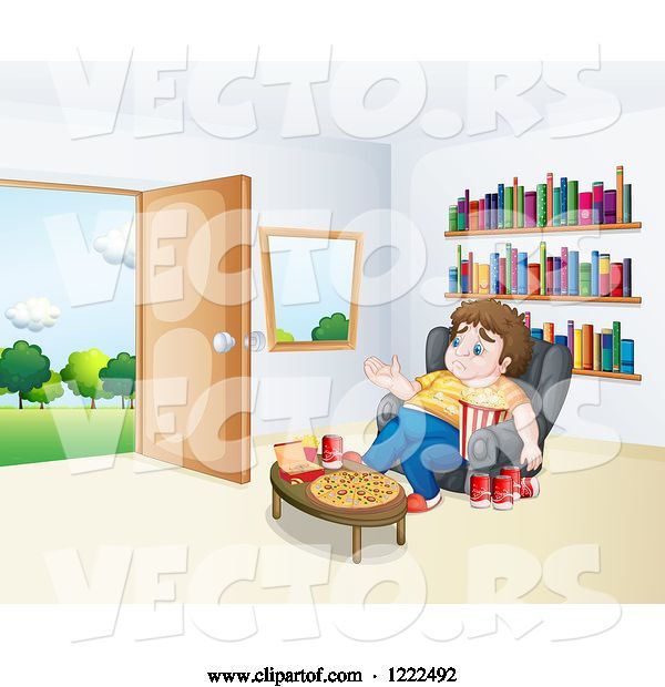 Vector of Cartoon Depressed Gluttonous Guy Surrounded by Food near an Open Door