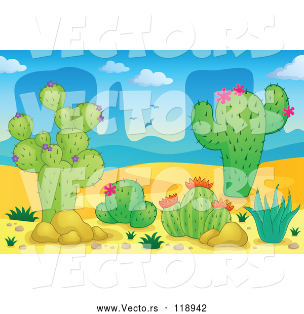 Vector of Cartoon Desert Landscape with Cacuts and Aloe Plants