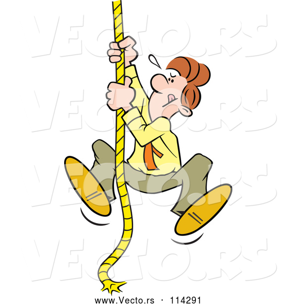 Vector of Cartoon Determined White Guy Climbing an Upward Mobility Rope