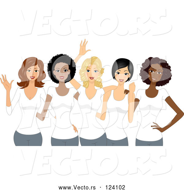 Vector of Cartoon Diverse Ladies Wearing White T Shirts on International Womens Day