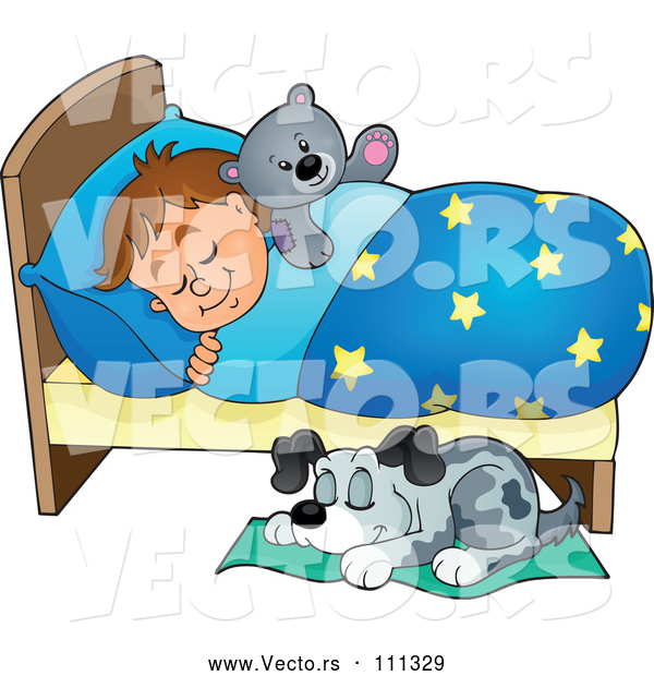 Vector of Cartoon Dog Sleeping by a Brunette White Boy in Bed with a Teddy Bear