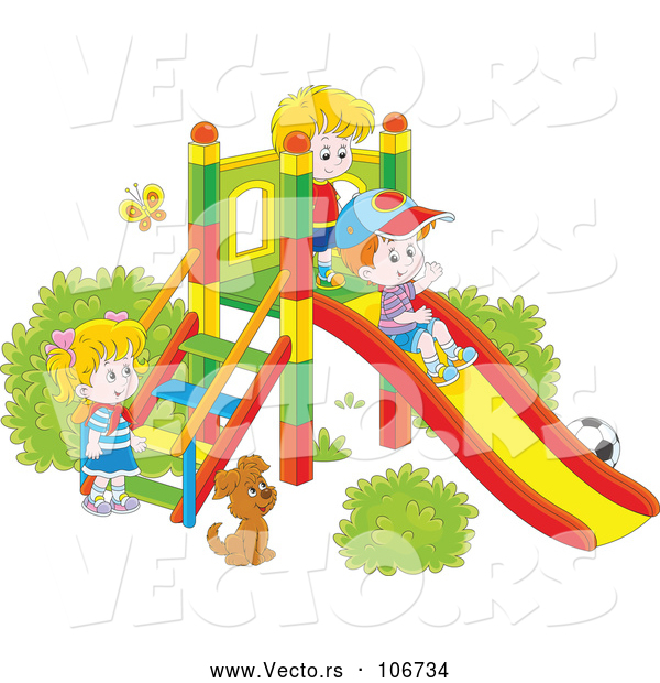 Vector of Cartoon Dog Watching KChildren Play on a Slide on a Playground