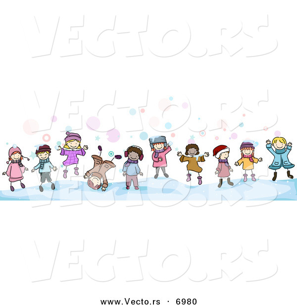 Vector of Cartoon Doodled Kids Playing in the Snow
