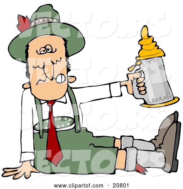 Vector of Cartoon Drunk Guy at Oktoberfest, Seated on the Ground and Holding up a Beer Stein