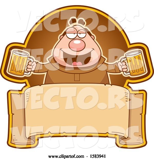 Vector of Cartoon Drunk Monk Holding Beer Mugs over a Blank Banner
