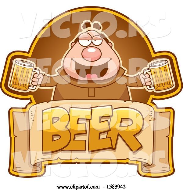 Vector of Cartoon Drunk Monk Holding Beer Mugs over a Text Banner