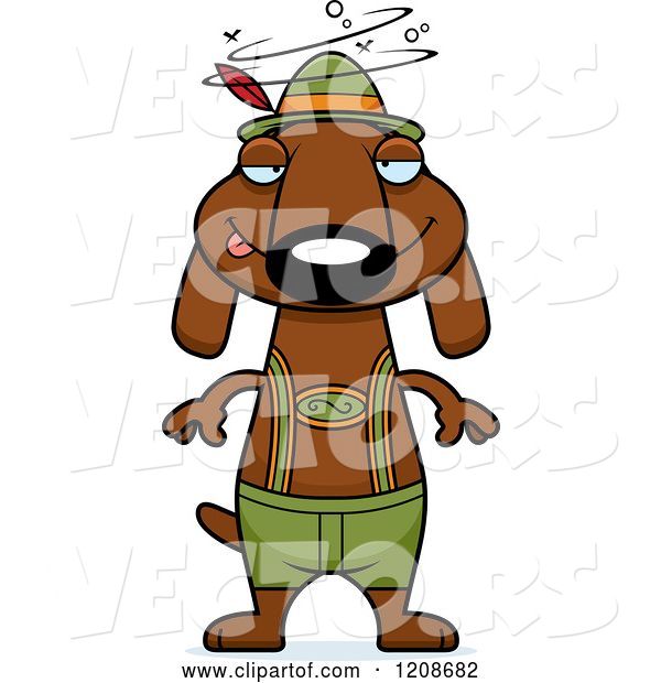 Vector of Cartoon Drunk Skinny German Oktoberfest Dachshund Dog Wearing Lederhosen