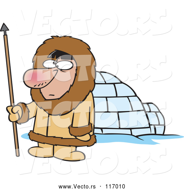 Vector of Cartoon Eskimo Hunter Guy by an Igloo