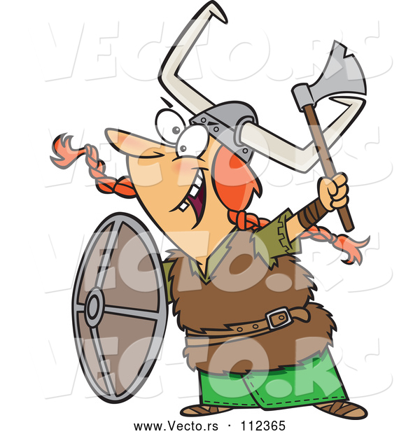 Vector of Cartoon Excited Red Haired White Female Viking Ready for Battle