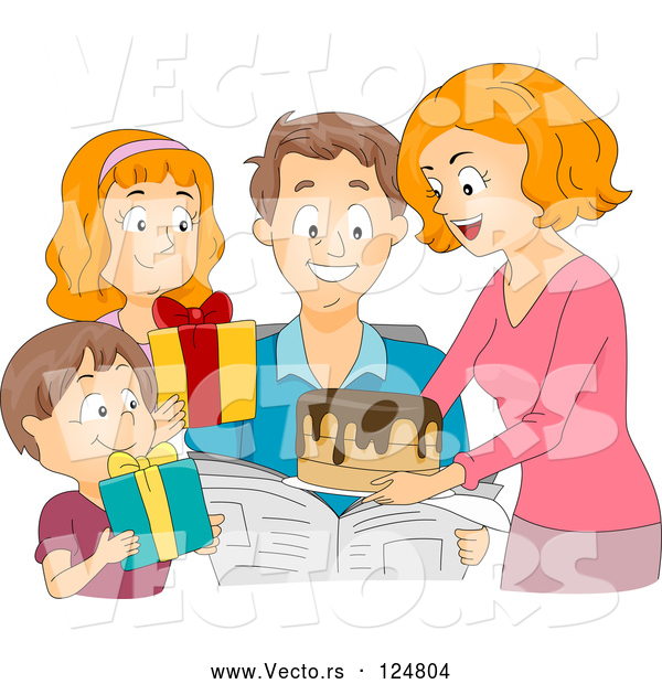 Vector of Cartoon Family Giving a Birthday Cake and Presents to a Guy
