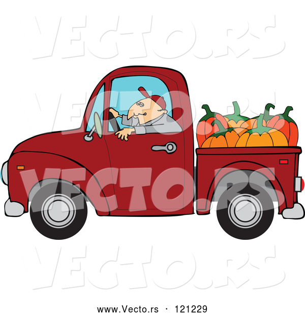 Vector of Cartoon Farmer Driving a Truck with Pumpkins in the Bed