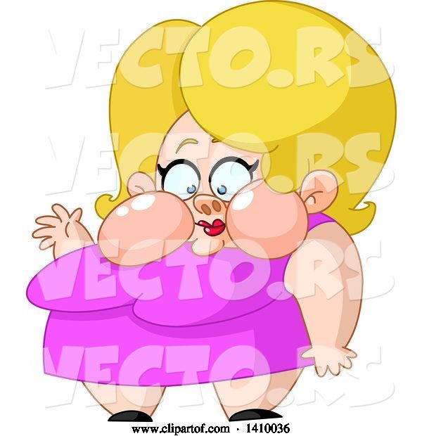 Vector of Cartoon Fat Blond White Lady with Chubby Cheeks, Wearing a Pink Dress and Waving