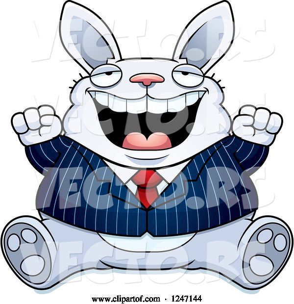 Vector of Cartoon Fat Blue Business Rabbit Sitting and Cheering