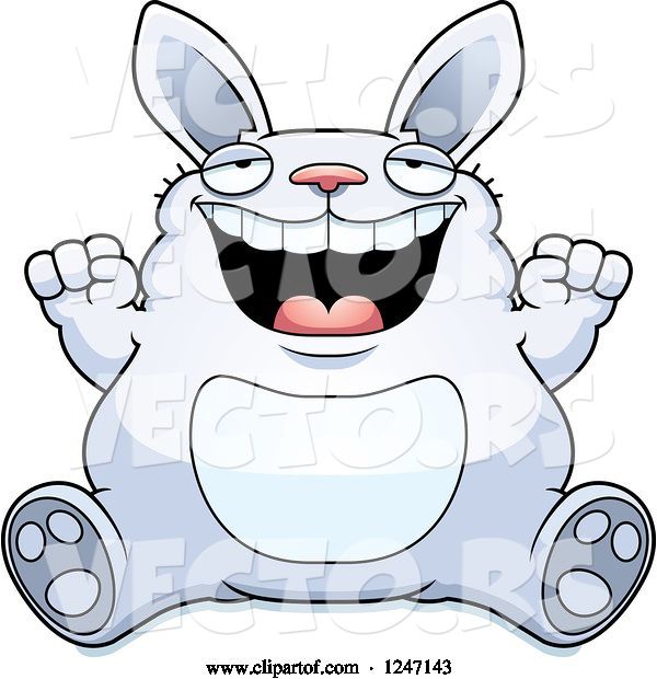 Vector of Cartoon Fat Blue Rabbit Sitting and Cheering