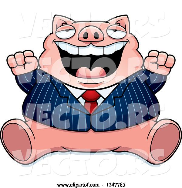 Vector of Cartoon Fat Business Pig Sitting and Cheering