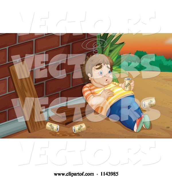 Vector of Cartoon Fat Drunk Guy by a Brick Wall