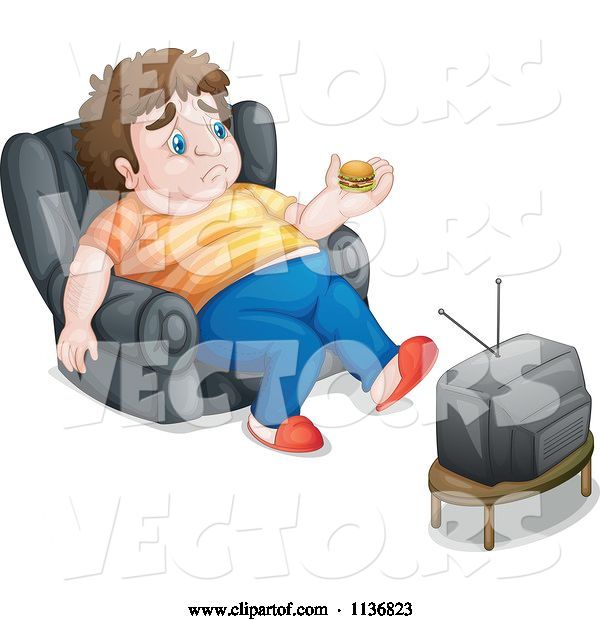 Vector of Cartoon Fat Guy Holding a Tiny Hamburger in Front of a Tv
