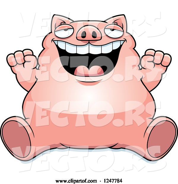 Vector of Cartoon Fat Pig Sitting and Cheering