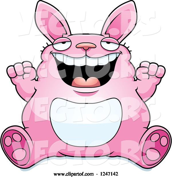 Vector of Cartoon Fat Pink Rabbit Sitting and Cheering
