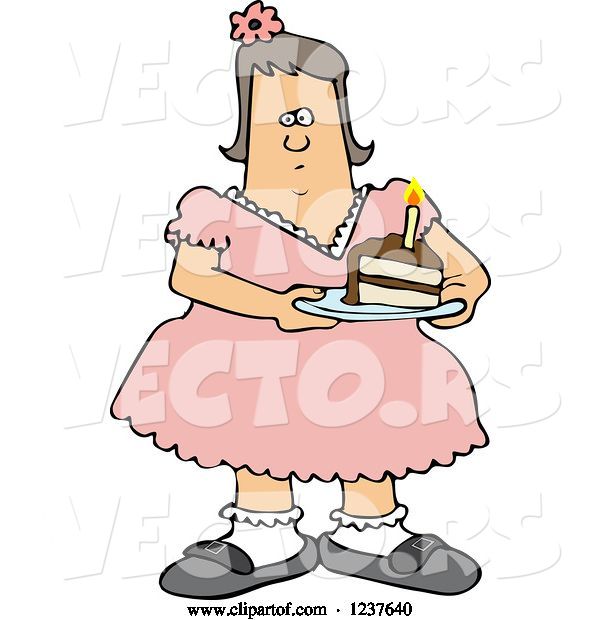 Vector of Cartoon Fat White Girl Holding a Slice of Birthday Cake