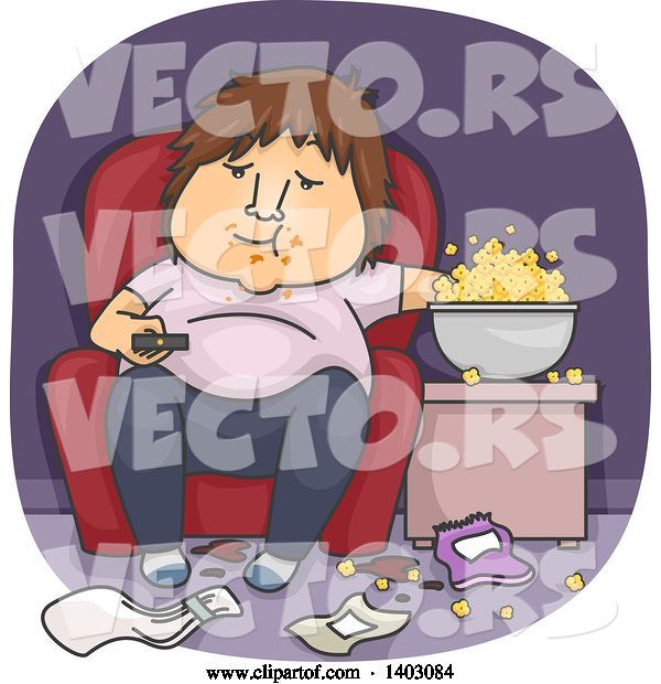 Vector of Cartoon Fat White Guy Eating Popcorn in a Messy Living Room and Watching Tv