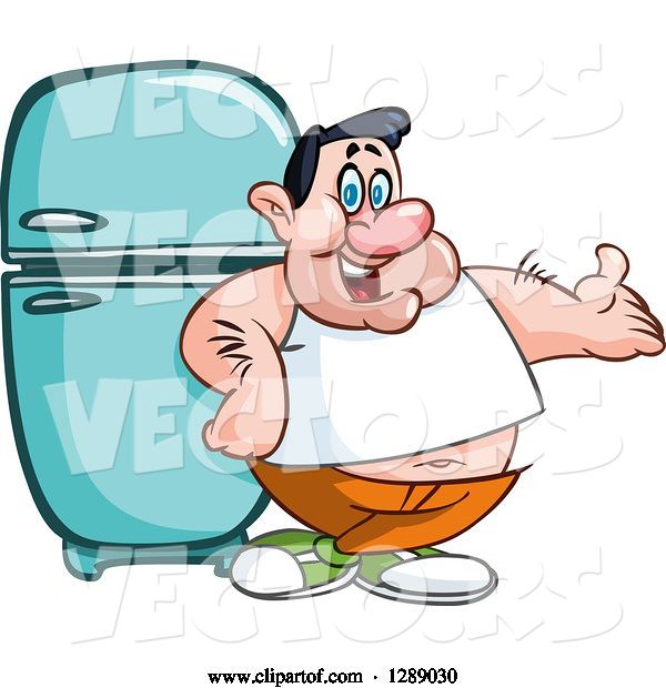 Vector of Cartoon Fat White Guy Presenting and Leaning Against a Refrigerator