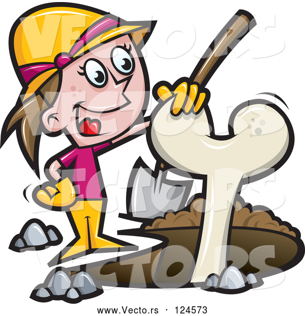 Vector of Cartoon Female Archaeologist Resting Her Hand on an Excavated Bone