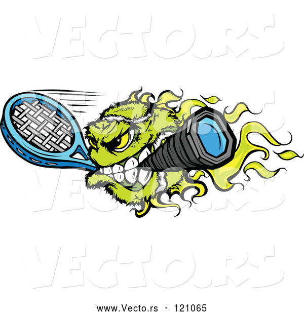Vector of Cartoon Flaming Tennis Ball Mascot Biting a Racket