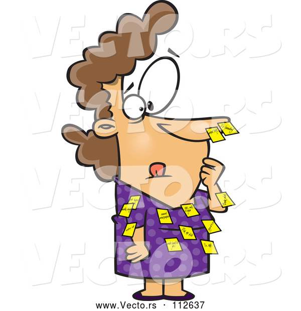 Vector of Cartoon Forgetful White Businesswoman with Sticky Notes All over Her Dress and Nose